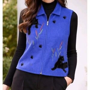 VTG Lisa International Black Velvet Panther 100% Boiled Wool Zip Vest  Size M